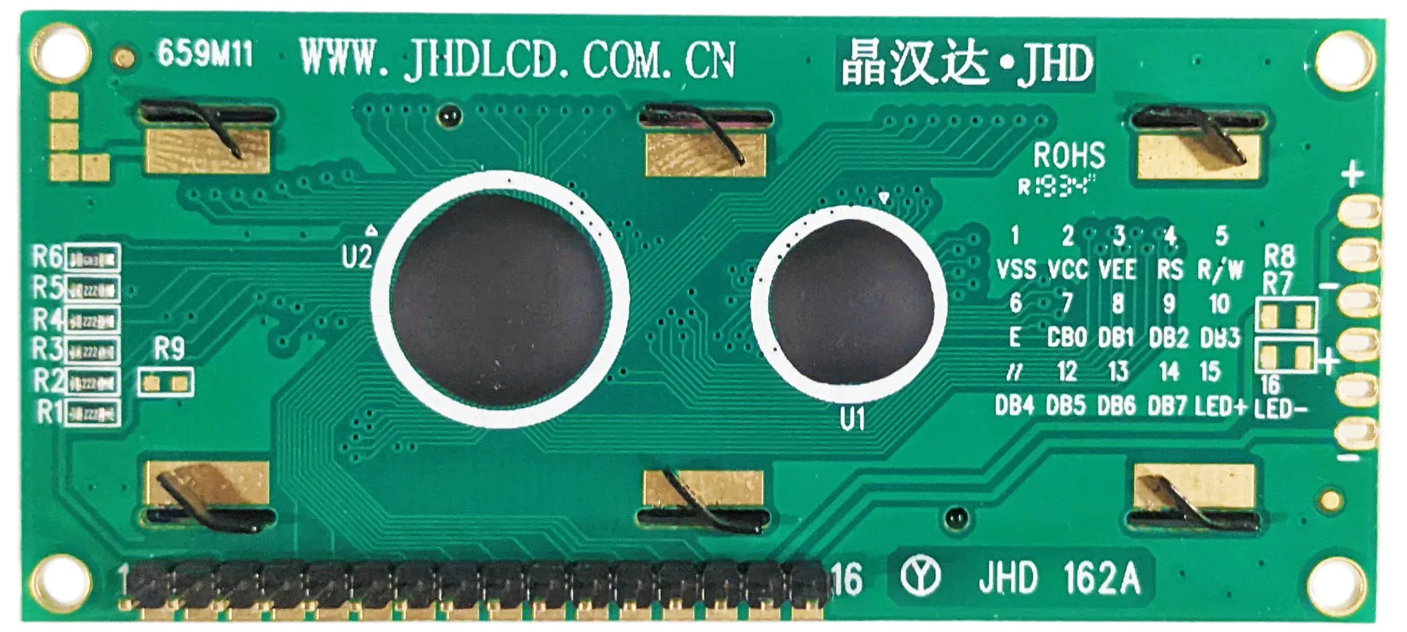 16 x 2 Dot Matrix Backlit LCD Module with Header Pins, Includes Driver & Controller, Measures 80x36x9.5mm (JHD162A)