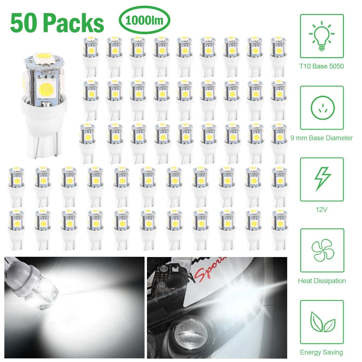 50-Piece: LED Car Light Bulbs
