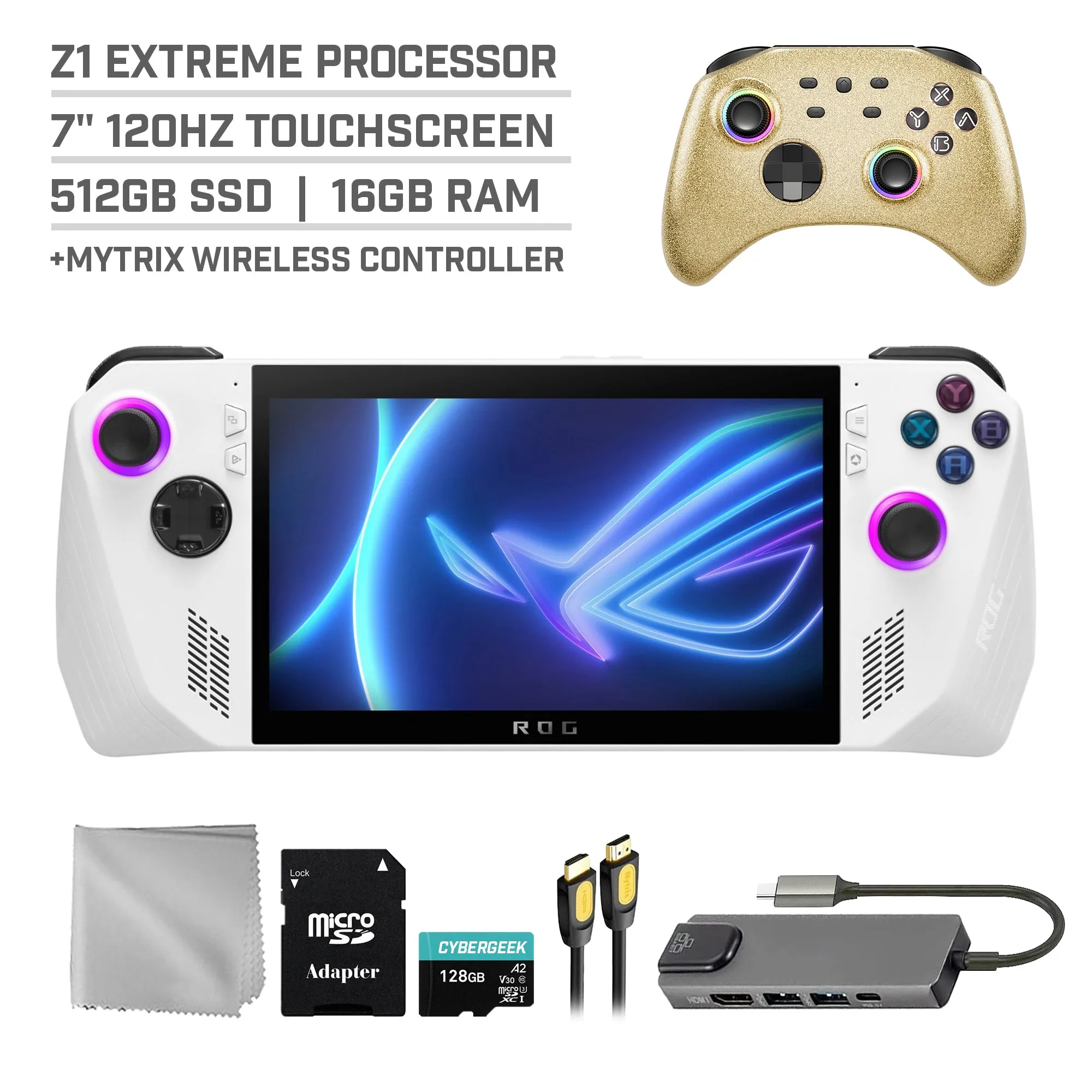 ASUS ROG Ally 512GB Gaming Handheld 7-inch Touchscreen 120Hz FHD 1080p AMD Ryzen Z1 Extreme Processor, Mytrix Gold Wireless Pro Controller, Hub, 128GB MicroSD Card, 5 Accessories: 6 in 1 Bundle
