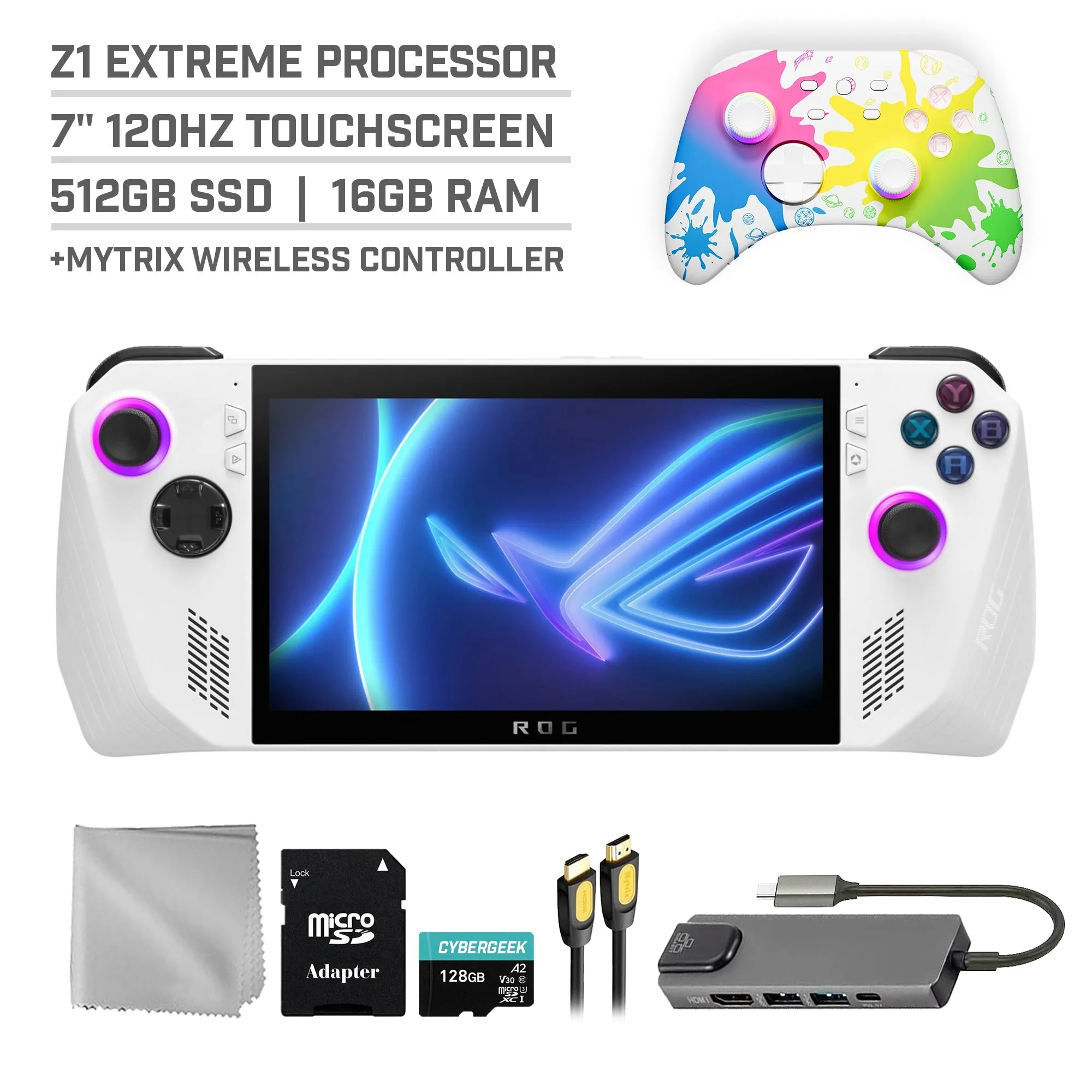 ASUS ROG Ally 512GB Gaming Handheld 7-inch Touchscreen 120Hz FHD 1080p AMD Ryzen Z1 Extreme Processor, Mytrix Gold Wireless Pro Controller, Hub, 128GB MicroSD Card, 5 Accessories: 6 in 1 Bundle