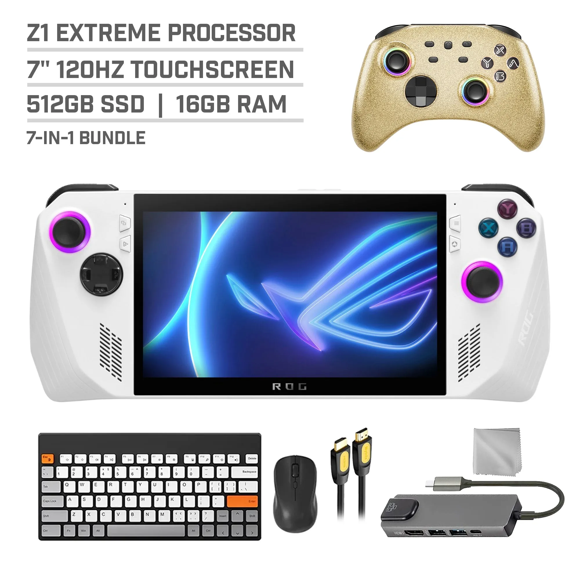 ASUS ROG Ally 512GB Gaming Handheld 7-inch Touchscreen 120Hz FHD 1080p AMD Ryzen Z1 Extreme Processor, Mytrix Gold Wireless Pro Controller, Hub, Keyboard & Mouse Combo, 7 in 1 Bundle