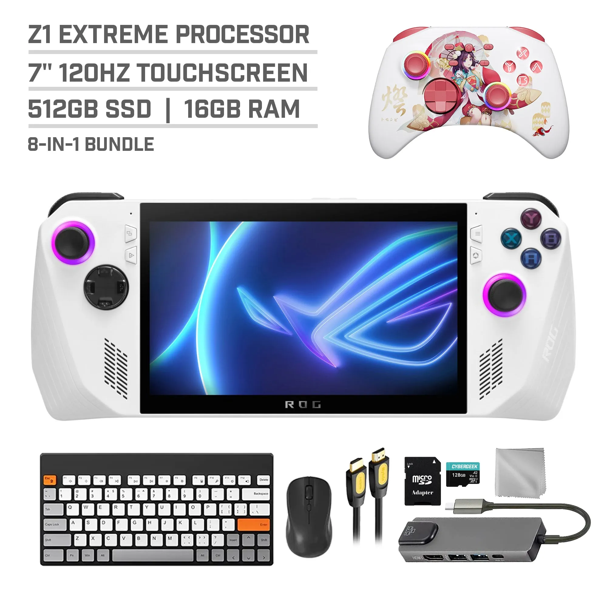 ASUS ROG Ally 512GB Gaming Handheld 7-inch Touchscreen 120Hz FHD 1080p AMD Ryzen Z1 Extreme Processor, Mytrix Touro Wireless Pro Controller, Hub, 128GB MicroSD, Keyboard & Mouse, 8 in 1 Bundle
