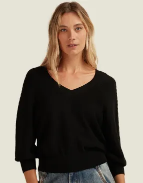 Blusa Tricot Detalhe Canelado Preto Shoulder