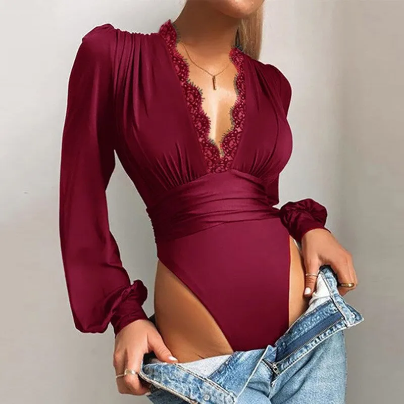Body Decote V c/ Renda Manga Longa