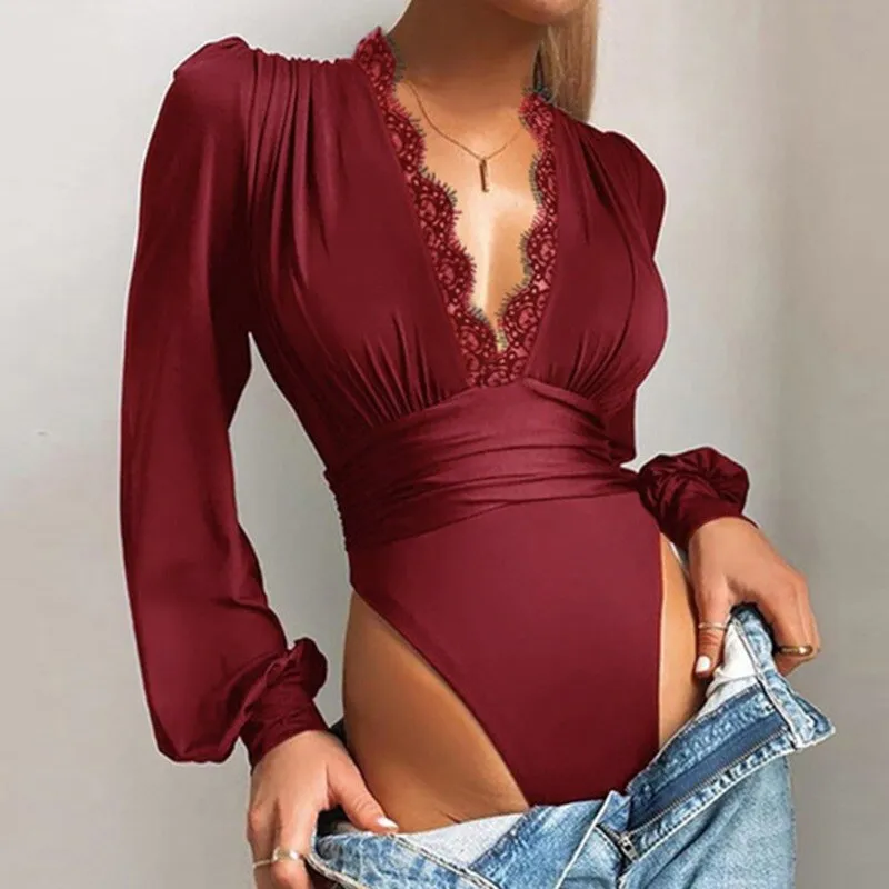 Body Decote V c/ Renda Manga Longa