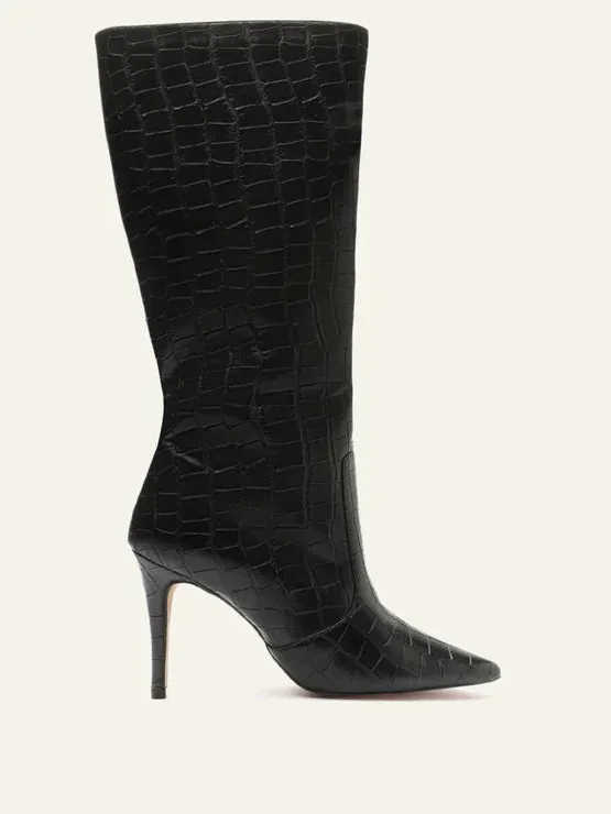 Bota Croco Cano Longo Salto Fino Bico Fino Preta My Shoes