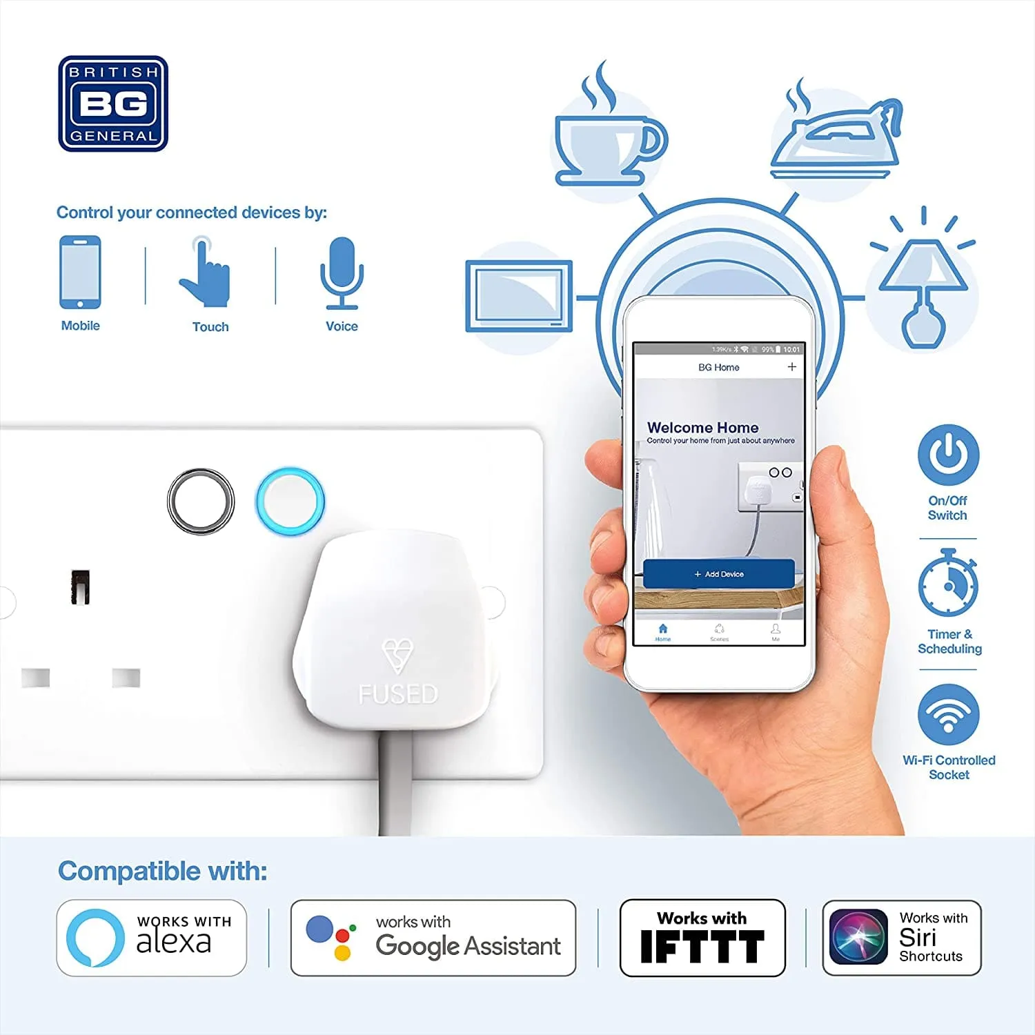British General Slim Nexus Double Switched 13A Power Socket   Smart Home Control - White