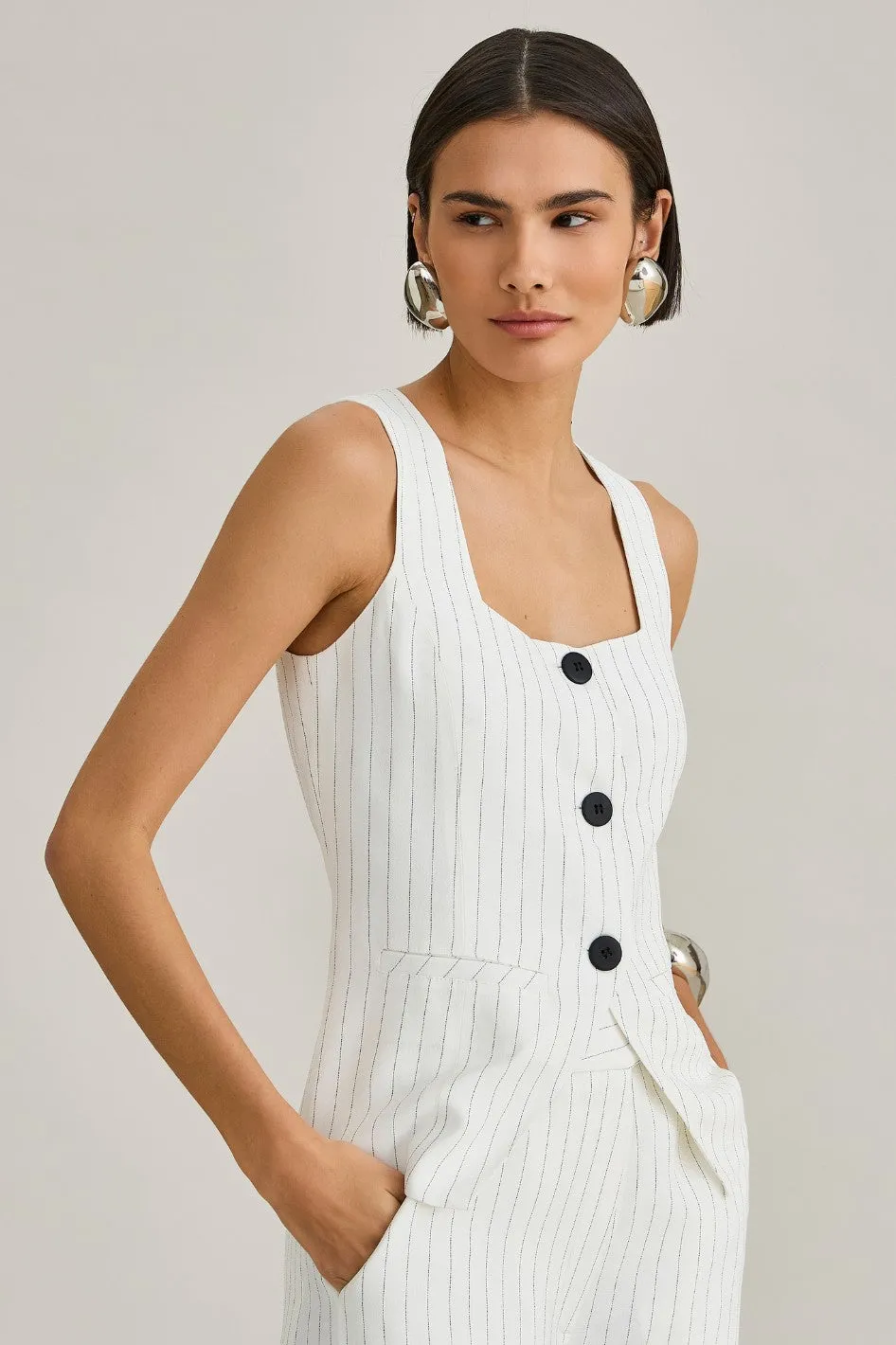 Calça de Alfaiataria Risca de Giz Branco Sara