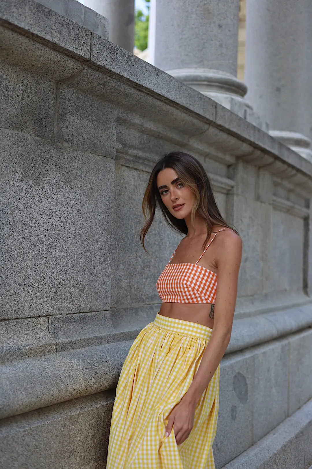 CROP TOP XADREZ LARANJA CAMBRAIA
