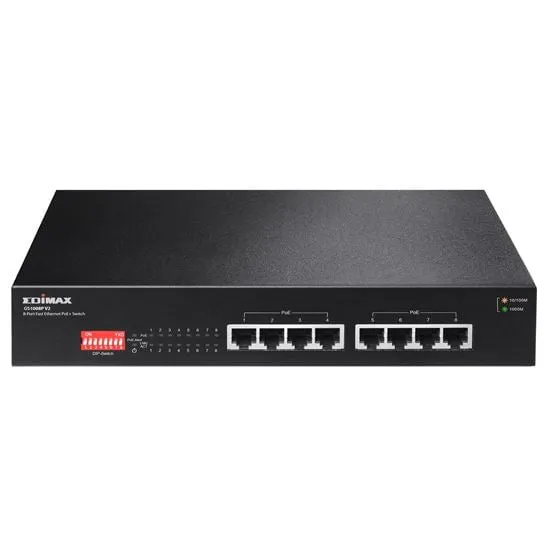EDIMAX 8 Port 10/100/1000 Gigabit PoE  Switch with DIP Switch. PoE delivery up to 200m. Power budget: 130W. Auto Energy Saving. Functions. Plug and Play.  VLAN and Loop Protection. VLAN & QoS.
