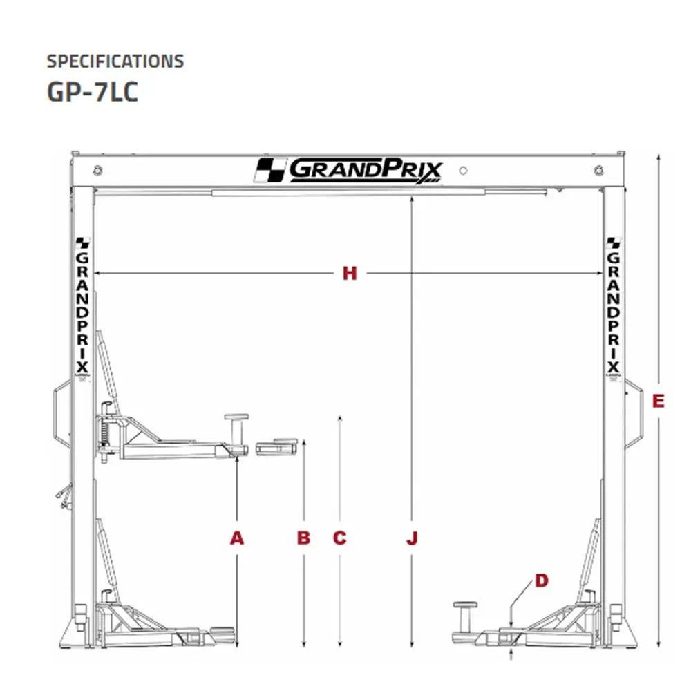 GrandPrix GP-7LC 7,000 lbs. Capacity 2 Post Lift 118.5” Height