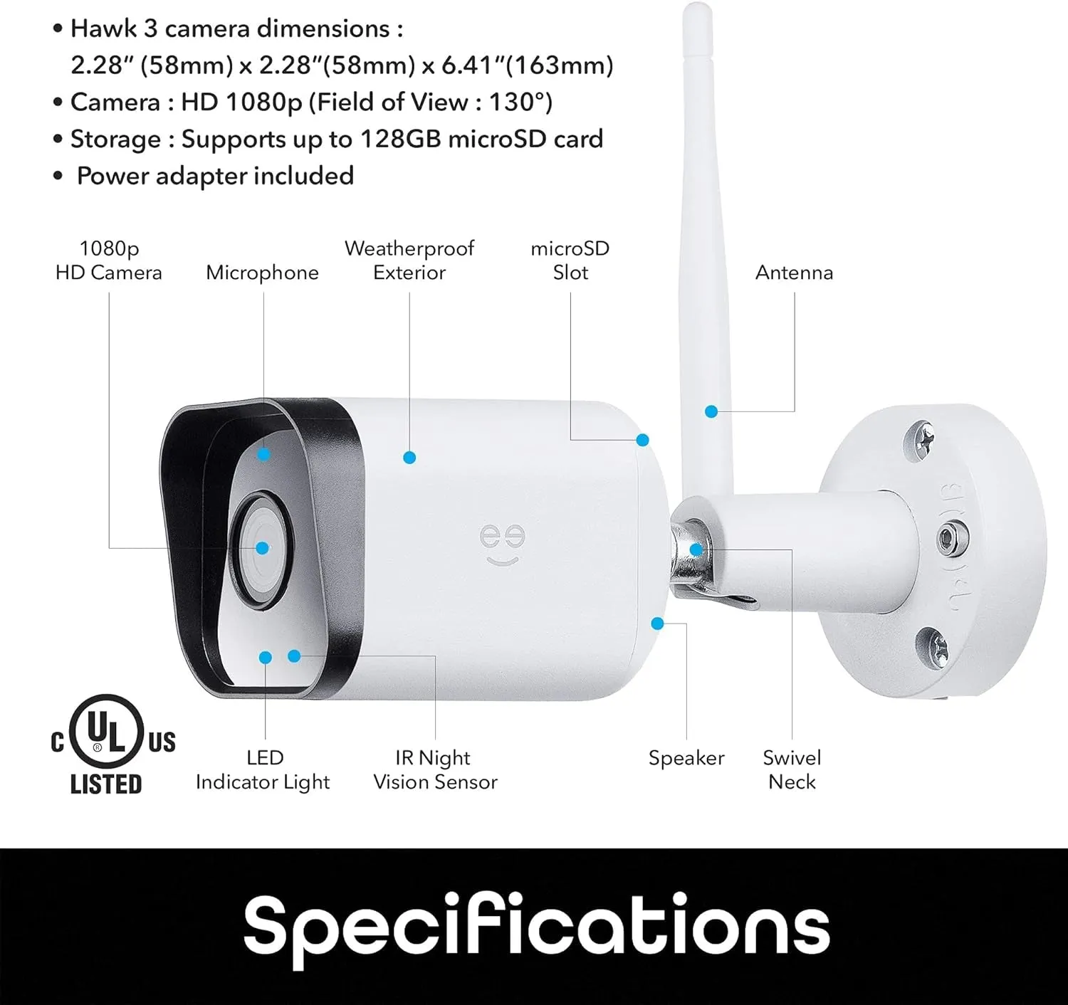 Hawk 3 Outdoor Camera for Home Security, Smart Surveillance, Wifi, Night Vision, Motion Alert, 2-Way Audio, 1080P HD, Works with Alexa, Google Home - 2 Pack