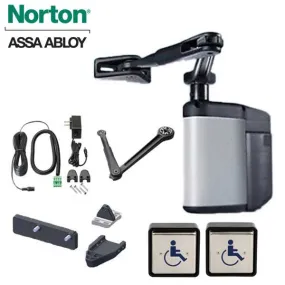 Norton - 5845 - Regenerative Door Operator ADAEZ PRO COMPLETE Kit - Push & Pull Mounting - Square Buttons - Satin Aluminum - Grade 1