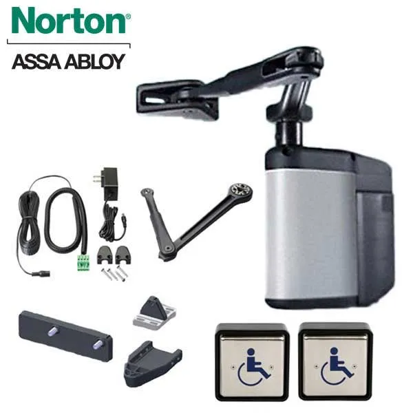 Norton - 5845 - Regenerative Door Operator ADAEZ PRO COMPLETE Kit - Push & Pull Mounting - Square Buttons - Satin Aluminum - Grade 1