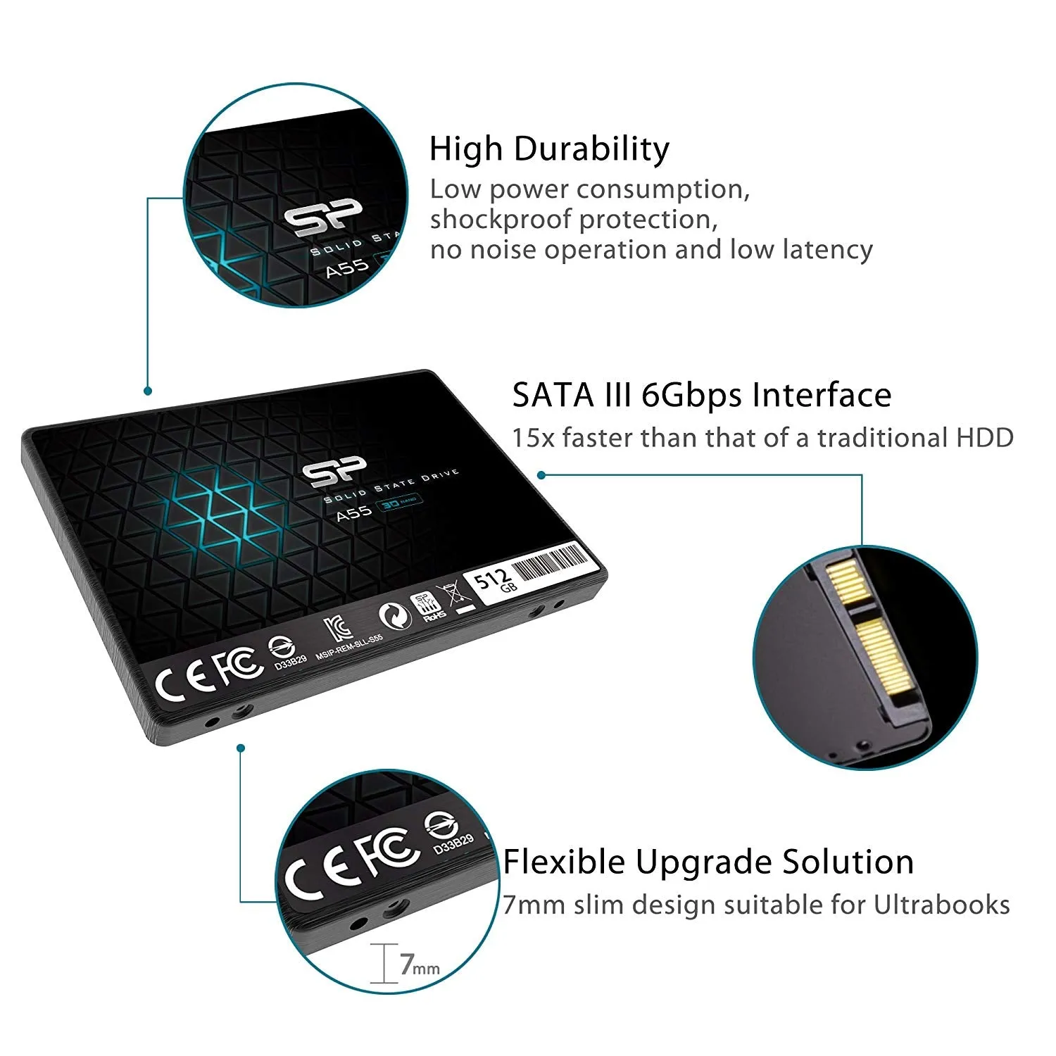 Silicon Power 512GB SSD 3D NAND A55 SLC Cache Performance Boost SATA III 2.5" 7mm (0.28") Internal Solid State Drive (SP512GBSS3A55S25)