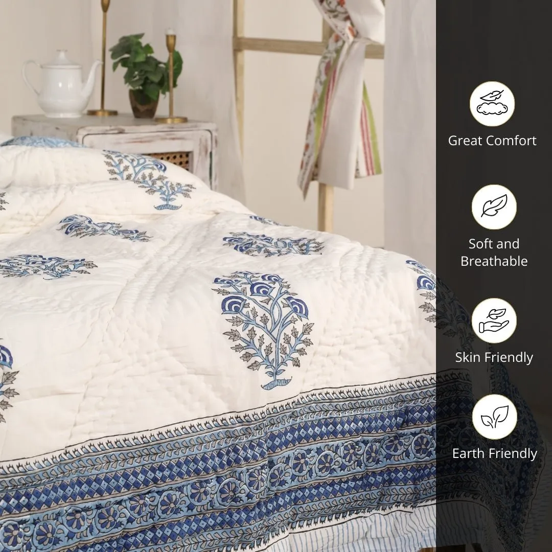 Single Quilt In Fine Cotton | Reversible Hand Block Printed Blue Mist Jaipuri Razai | Handmade In India