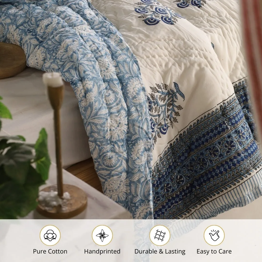 Single Quilt In Fine Cotton | Reversible Hand Block Printed Blue Mist Jaipuri Razai | Handmade In India