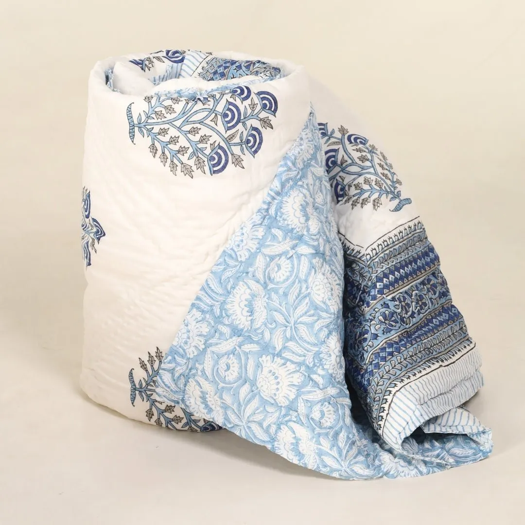 Single Quilt In Fine Cotton | Reversible Hand Block Printed Blue Mist Jaipuri Razai | Handmade In India