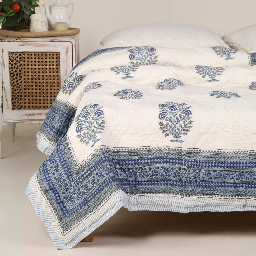 Single Quilt In Fine Cotton | Reversible Hand Block Printed Blue Mist Jaipuri Razai | Handmade In India