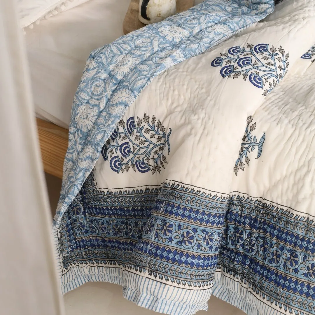 Single Quilt In Fine Cotton | Reversible Hand Block Printed Blue Mist Jaipuri Razai | Handmade In India