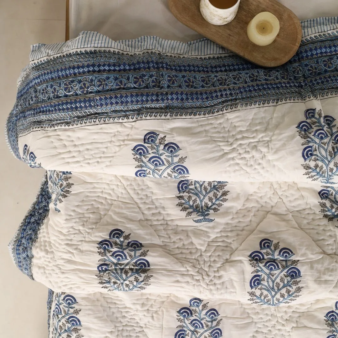 Single Quilt In Fine Cotton | Reversible Hand Block Printed Blue Mist Jaipuri Razai | Handmade In India