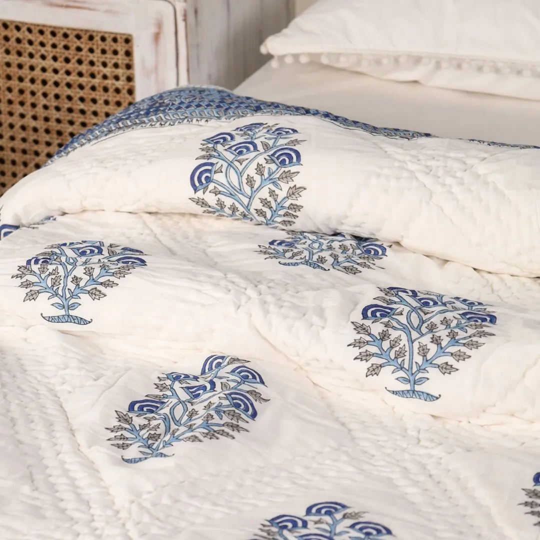 Single Quilt In Fine Cotton | Reversible Hand Block Printed Blue Mist Jaipuri Razai | Handmade In India