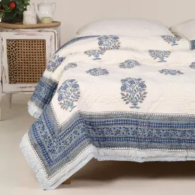 Single Quilt In Fine Cotton | Reversible Hand Block Printed Blue Mist Jaipuri Razai | Handmade In India
