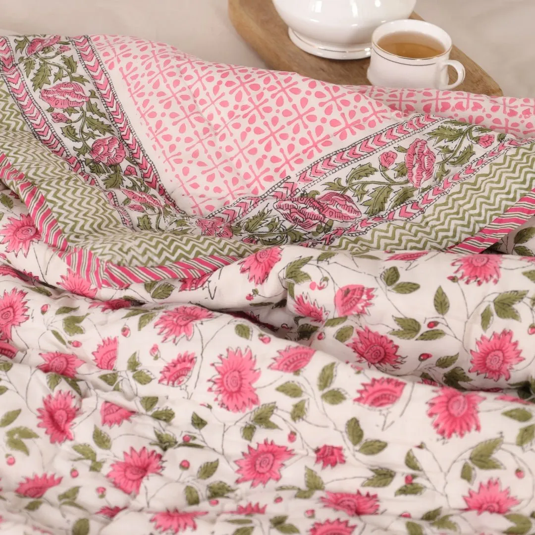 Single Quilt in Fine Cotton | Reversible Hand Block Printed Floral Pink Jaipuri Razai | Handmade in India
