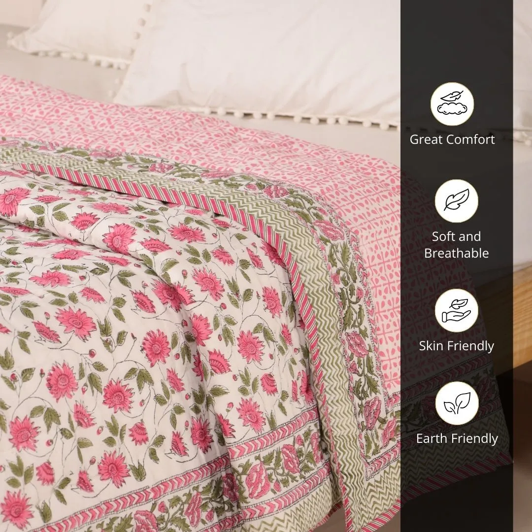 Single Quilt in Fine Cotton | Reversible Hand Block Printed Floral Pink Jaipuri Razai | Handmade in India