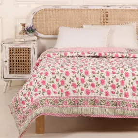 Single Quilt in Fine Cotton | Reversible Hand Block Printed Floral Pink Jaipuri Razai | Handmade in India