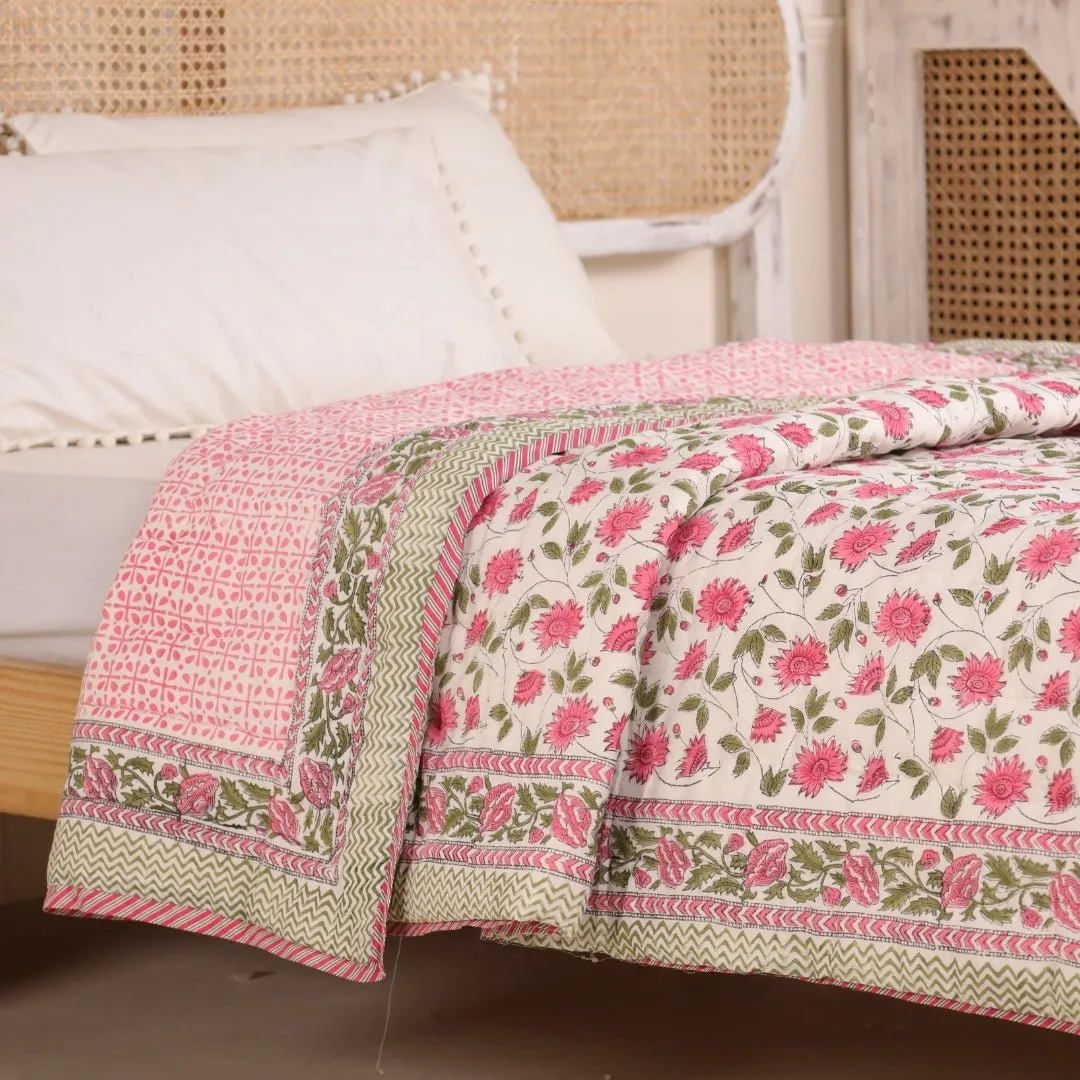 Single Quilt in Fine Cotton | Reversible Hand Block Printed Floral Pink Jaipuri Razai | Handmade in India