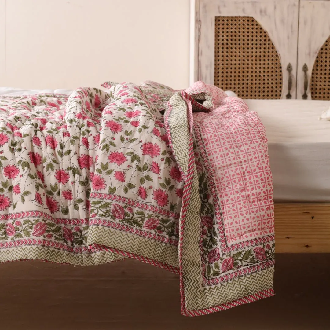 Single Quilt in Fine Cotton | Reversible Hand Block Printed Floral Pink Jaipuri Razai | Handmade in India