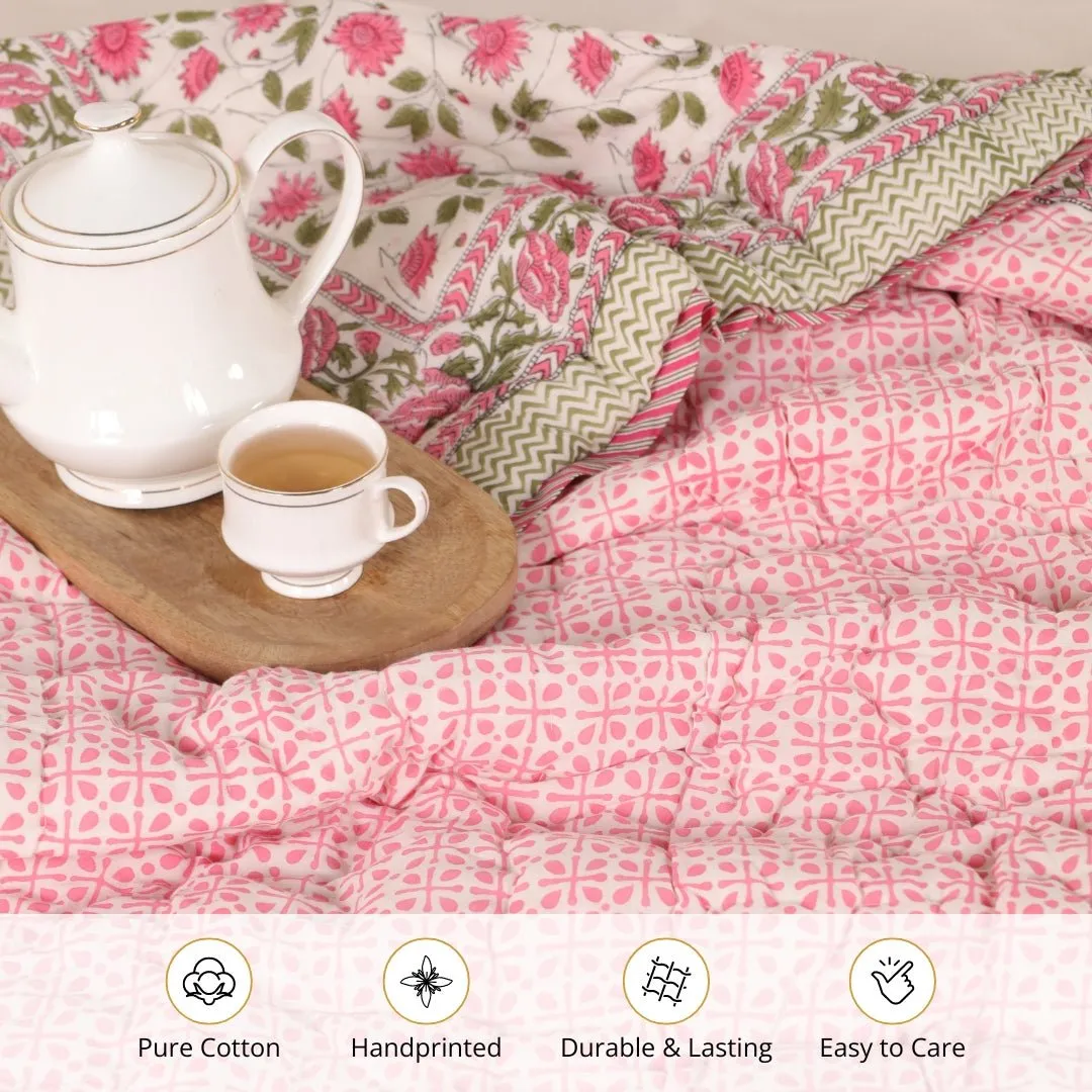 Single Quilt in Fine Cotton | Reversible Hand Block Printed Floral Pink Jaipuri Razai | Handmade in India