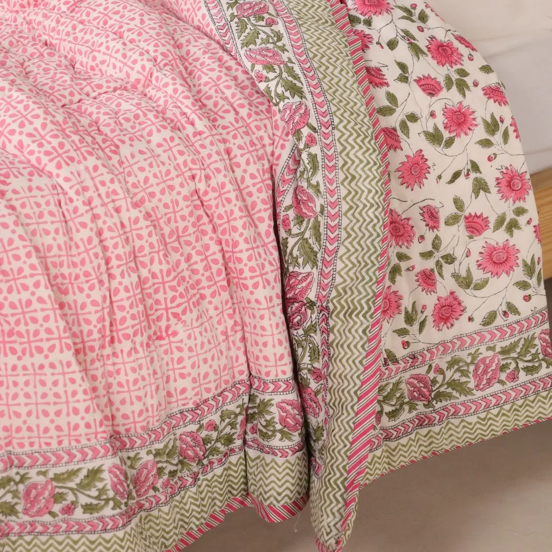 Single Quilt in Fine Cotton | Reversible Hand Block Printed Floral Pink Jaipuri Razai | Handmade in India