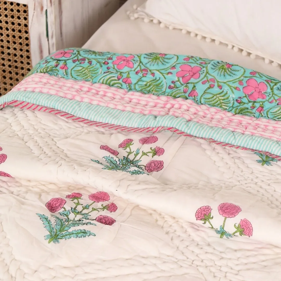 Single Quilt In Fine Cotton | Reversible Hand Block Printed Turquoise Jaipuri Razai | Handmade In India