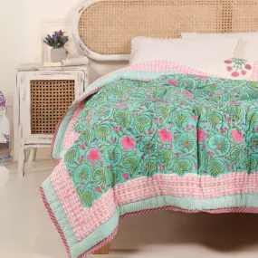Single Quilt In Fine Cotton | Reversible Hand Block Printed Turquoise Jaipuri Razai | Handmade In India