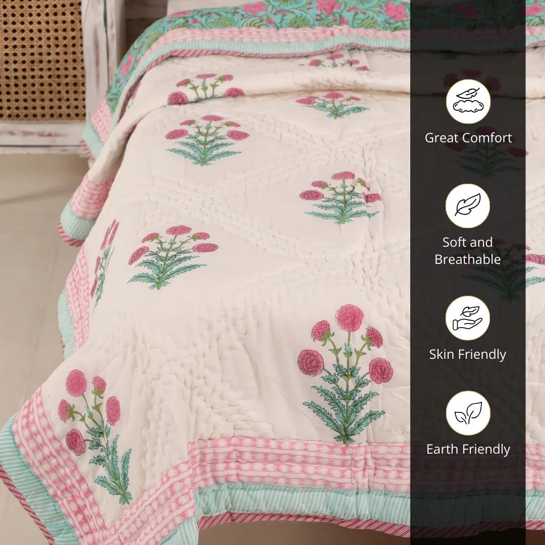 Single Quilt In Fine Cotton | Reversible Hand Block Printed Turquoise Jaipuri Razai | Handmade In India