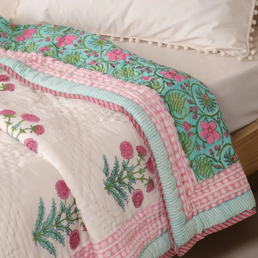 Single Quilt In Fine Cotton | Reversible Hand Block Printed Turquoise Jaipuri Razai | Handmade In India