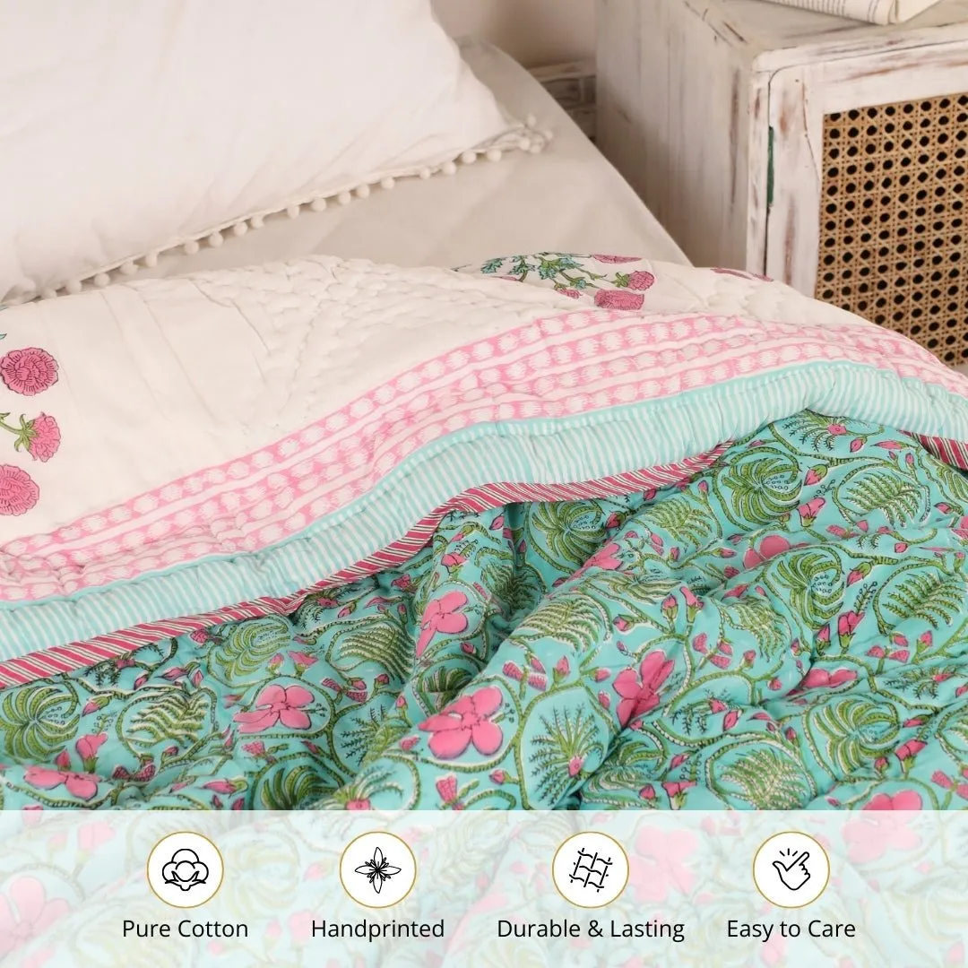 Single Quilt In Fine Cotton | Reversible Hand Block Printed Turquoise Jaipuri Razai | Handmade In India