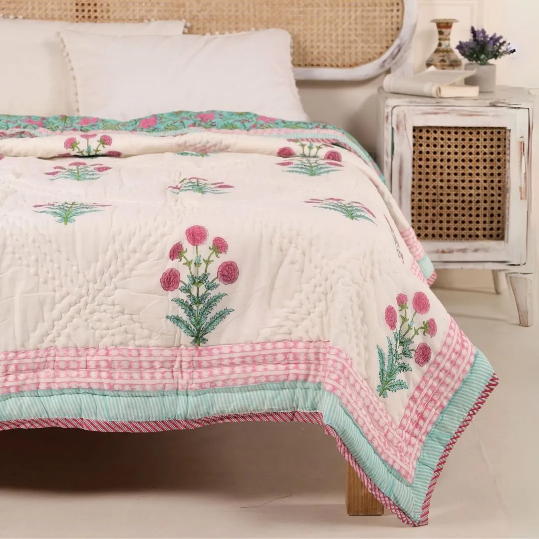 Single Quilt In Fine Cotton | Reversible Hand Block Printed Turquoise Jaipuri Razai | Handmade In India
