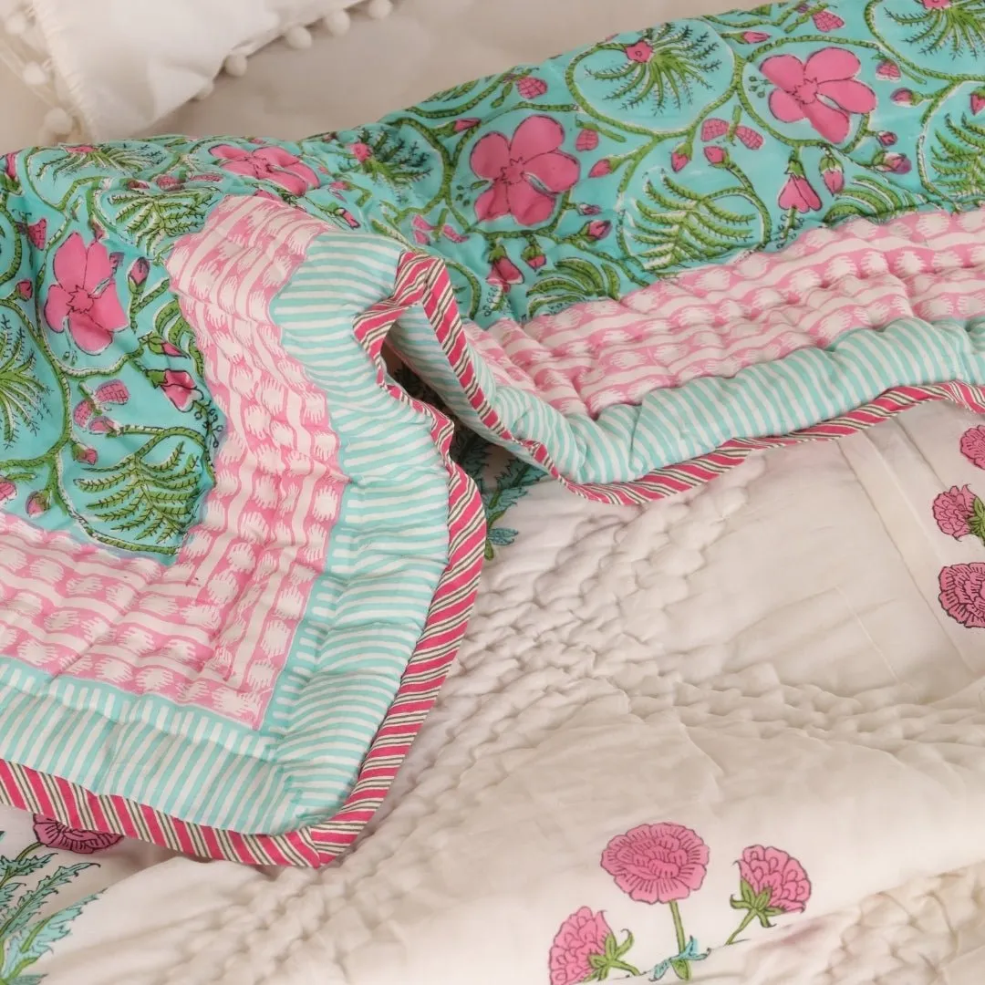 Single Quilt In Fine Cotton | Reversible Hand Block Printed Turquoise Jaipuri Razai | Handmade In India