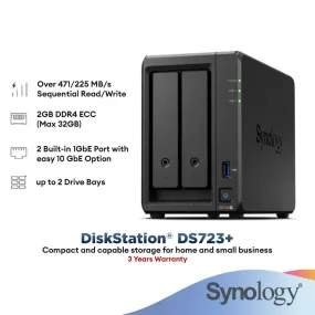 Synology DS723  2 Bays NAS DiskStation with Dual Core CPU | 2GB Memory | 2-Bays NAS Data Back Up Storage | NAS Storage