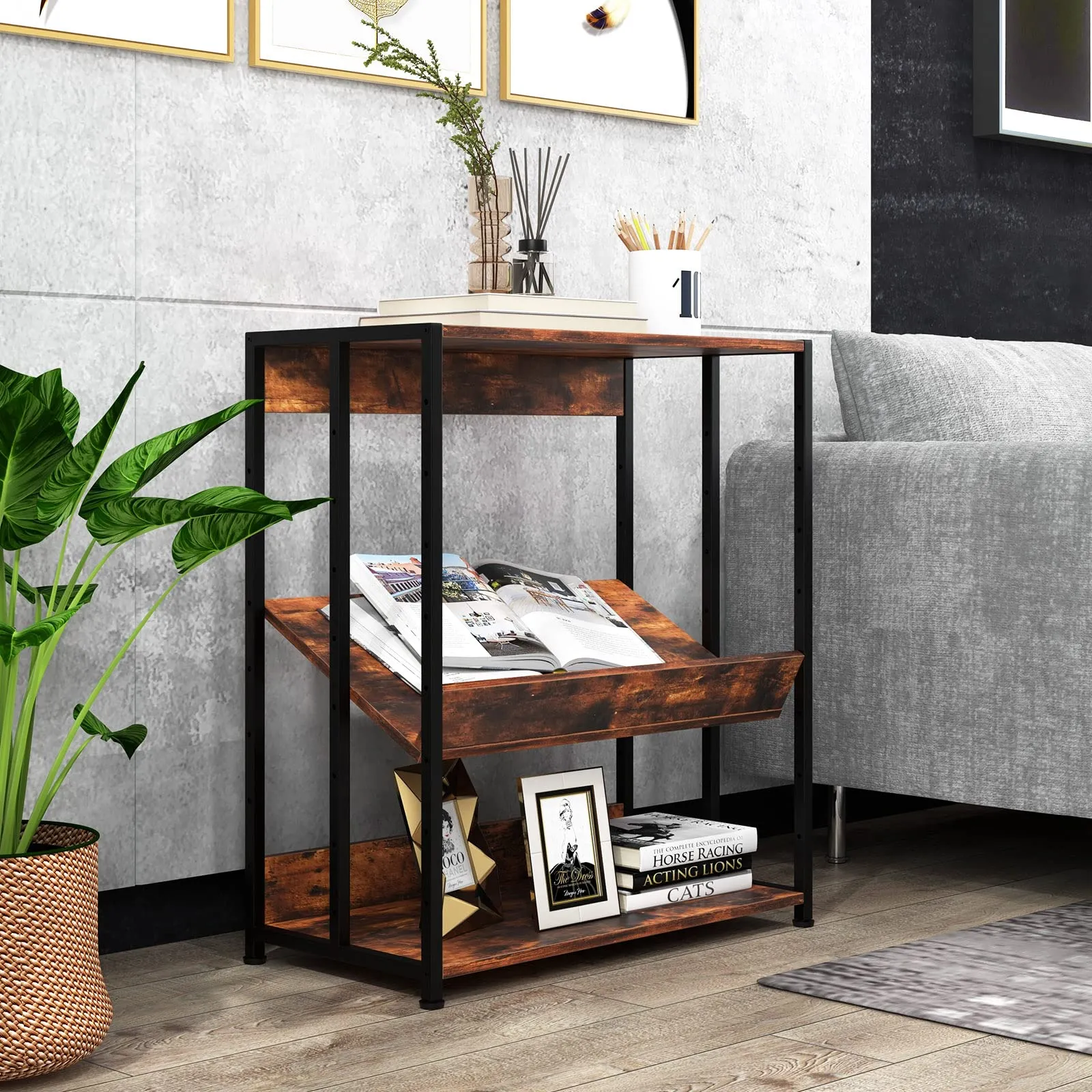 Tangkula Bookshelf, 5 Tier Industrial Book Shelf with Adjustable Shelves and Metal Frame