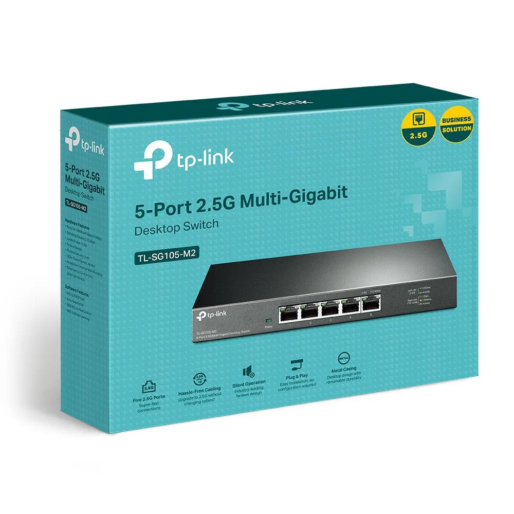 TP-Link TL-SG105-M2 5-Port 2.5G Multi-Gigabit Desktop Switch (Unmanaged) 5x 2.5G RJ45 Port, 25Gbps Switching Capacity, 16K MAC Address Table, Fanless,  802.3X Flow Control, 802.1p/DSCP QoS, Driver Free