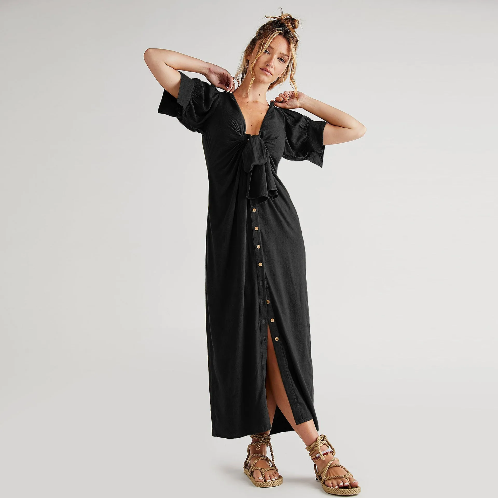 Vestido Decote V Fenda Maxi