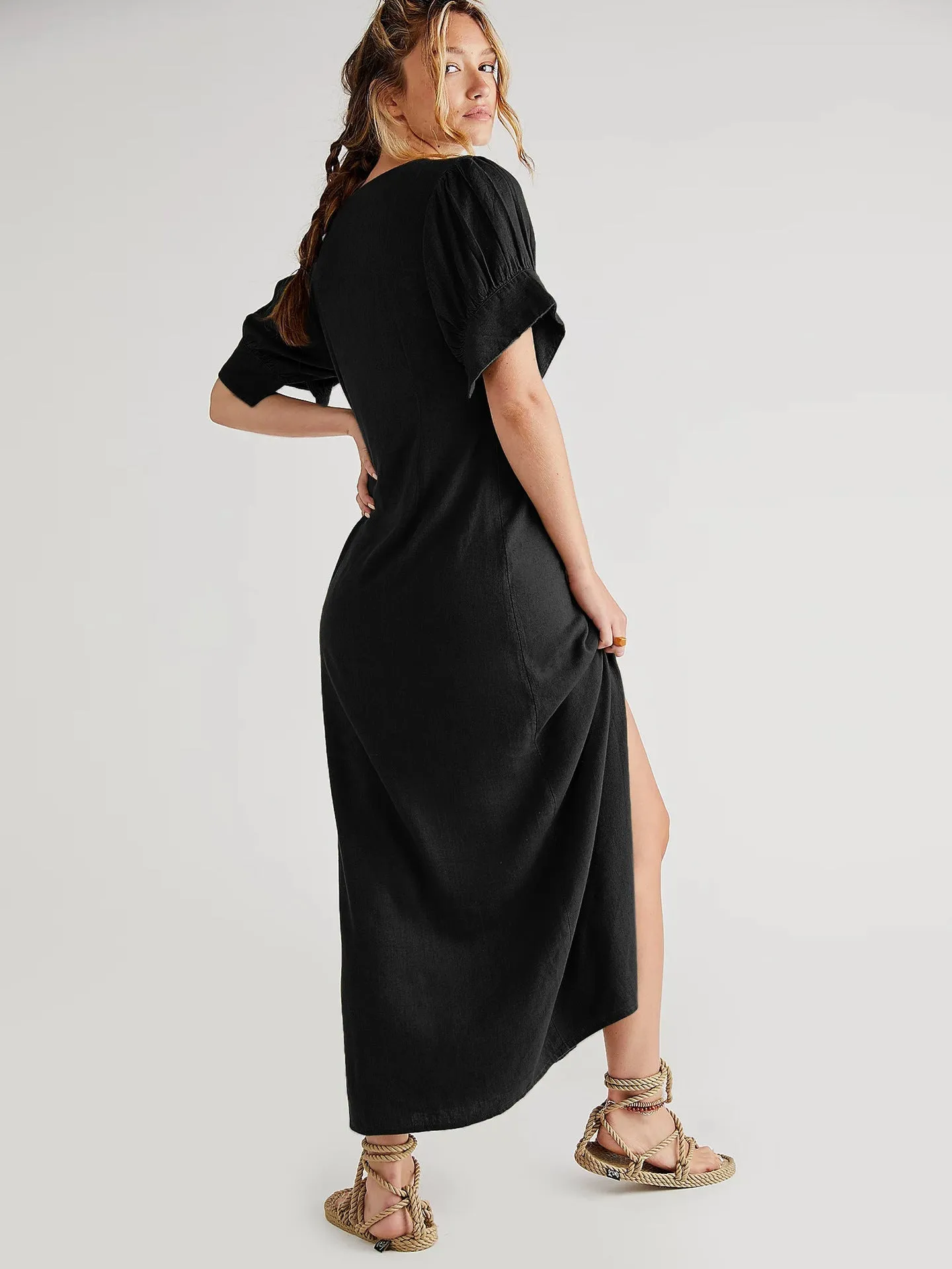 Vestido Decote V Fenda Maxi