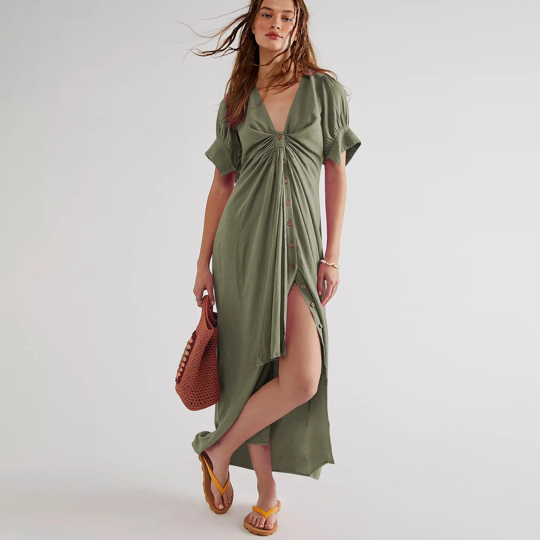 Vestido Decote V Fenda Maxi