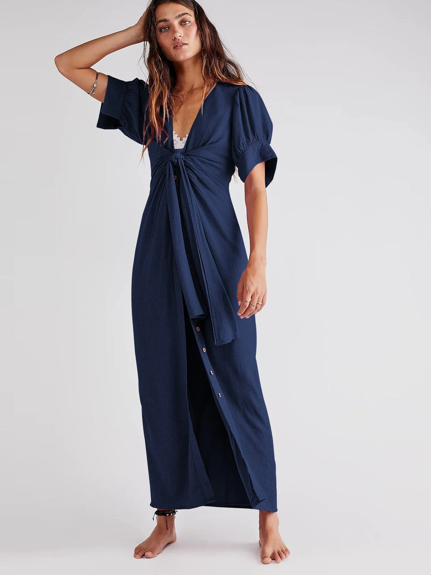 Vestido Decote V Fenda Maxi