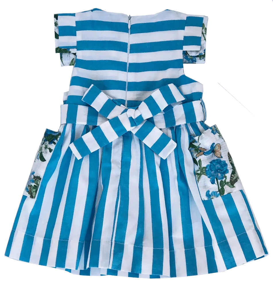 Vestido Listrado Azul Bolsos Estampa Borboleta