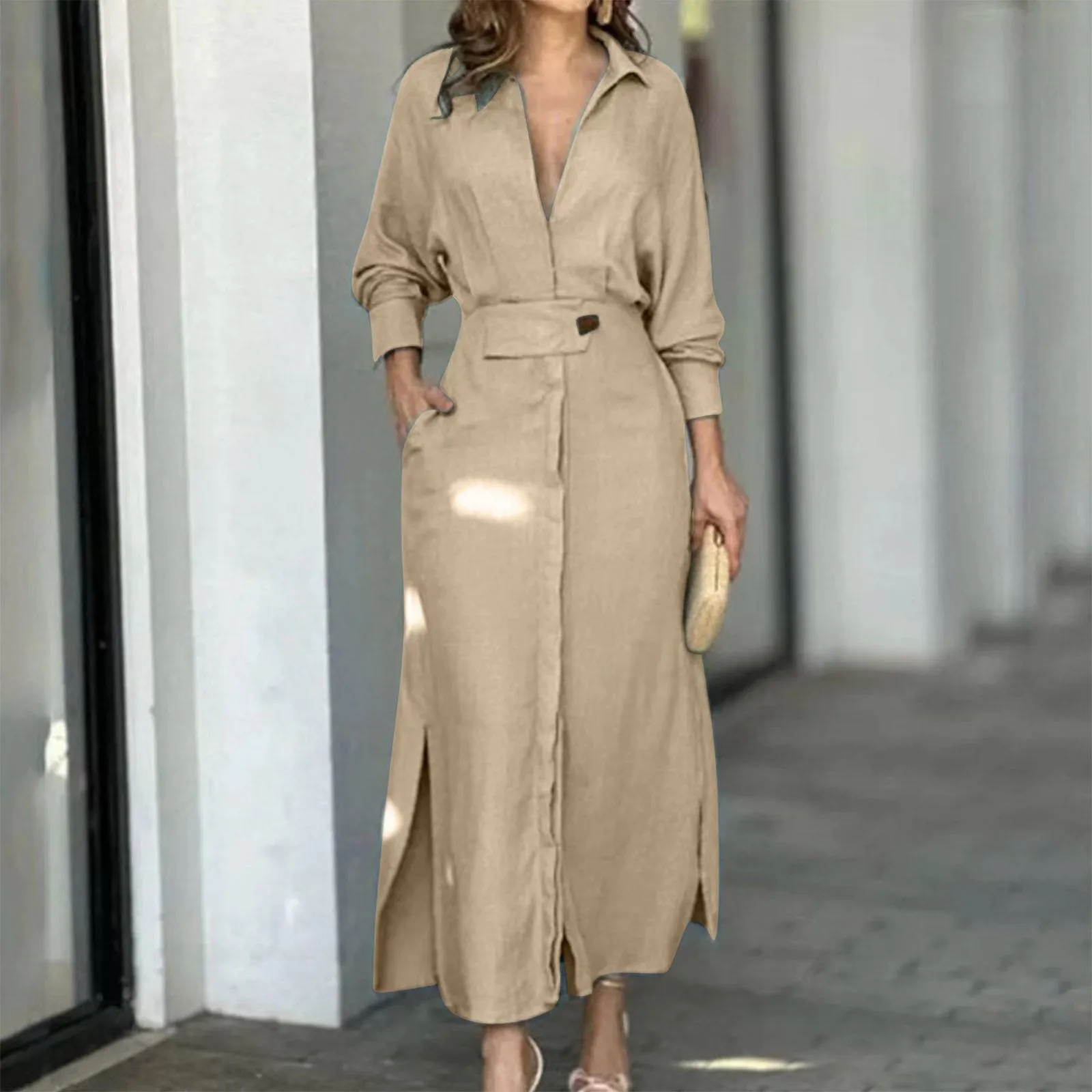 Vestido Maxi Camisa Fendas Laterais